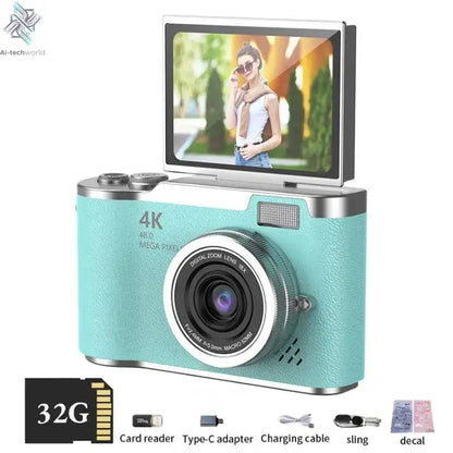 4K Digital Camera Beauty Filters 48MP HD Student CCD Camera CMOS Anti Shake 180° Flip Screen Selfie Camera for Kids Adults Gift - Ai-TechWorld