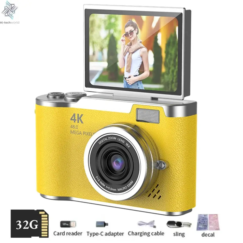4K Digital Camera Beauty Filters 48MP HD Student CCD Camera CMOS Anti Shake 180° Flip Screen Selfie Camera for Kids Adults Gift - Ai-TechWorld