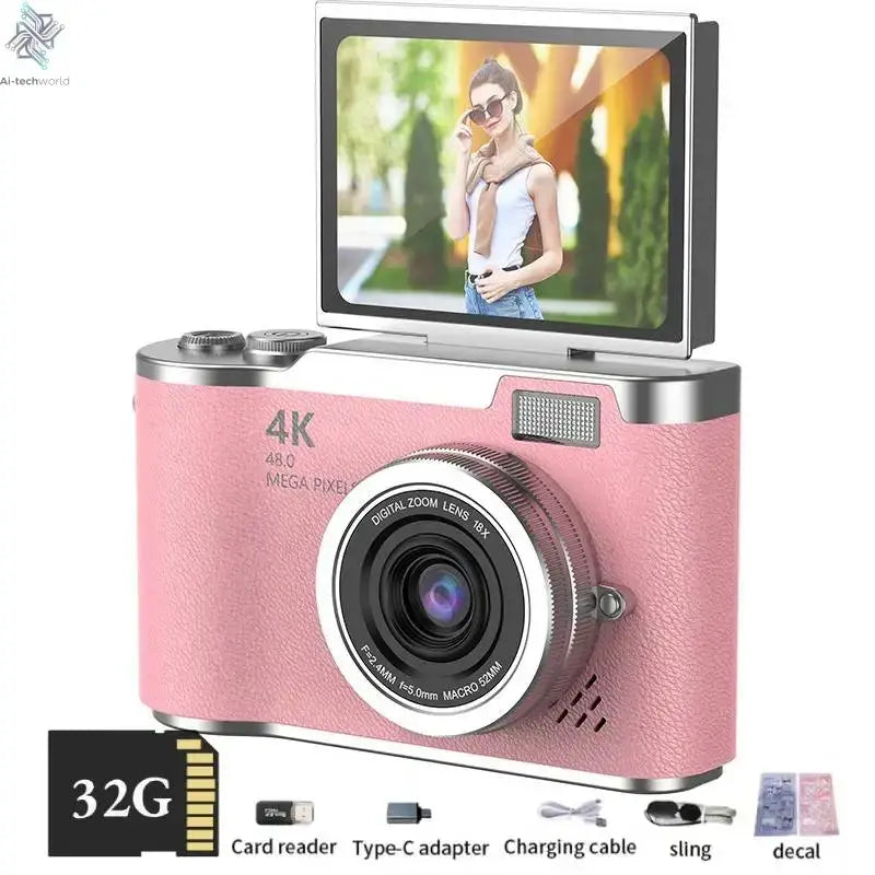 4K Digital Camera Beauty Filters 48MP HD Student CCD Camera CMOS Anti Shake 180° Flip Screen Selfie Camera for Kids Adults Gift - Ai-TechWorld