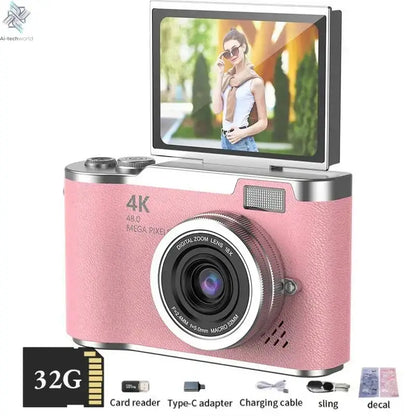 4K Digital Camera Beauty Filters 48MP HD Student CCD Camera CMOS Anti Shake 180° Flip Screen Selfie Camera for Kids Adults Gift - Ai-TechWorld