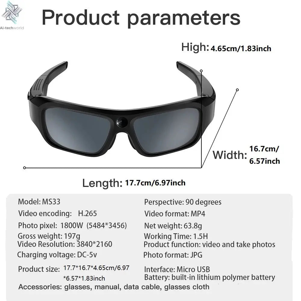 4K HD Glasses Camera Video Driving Record Cycling Video Smart Glasses With Eyewear Camcorder For Outdoor Mini Camera Ai-TechWorld 