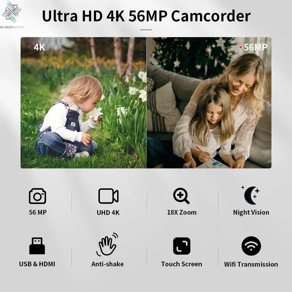 4K Ultra HD Digital Camera 3.0 Inci 48MP 18X Zoom Wifi Camcorder with Windproof Microphone Fill Light Video Vlogging For YouTube Ai-TechWorld 
