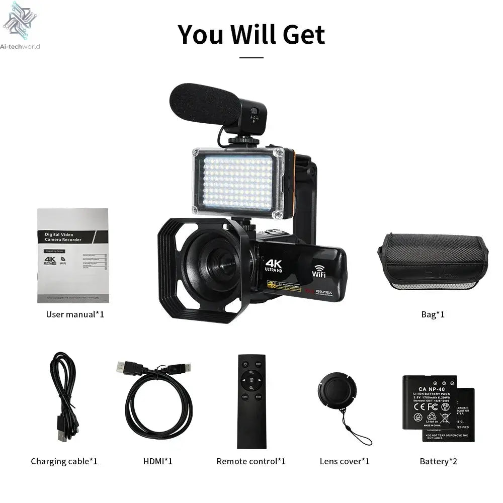 4K Ultra HD Digital Camera 3.0 Inci 48MP 18X Zoom Wifi Camcorder with Windproof Microphone Fill Light Video Vlogging For YouTube Ai-TechWorld 