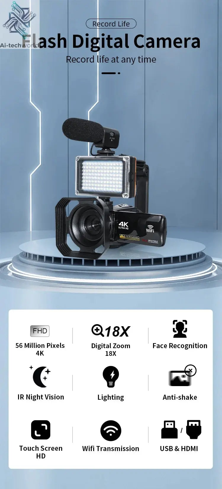 4K Ultra HD Digital Camera 3.0 Inci 48MP 18X Zoom Wifi Camcorder with Windproof Microphone Fill Light Video Vlogging For YouTube Ai-TechWorld 