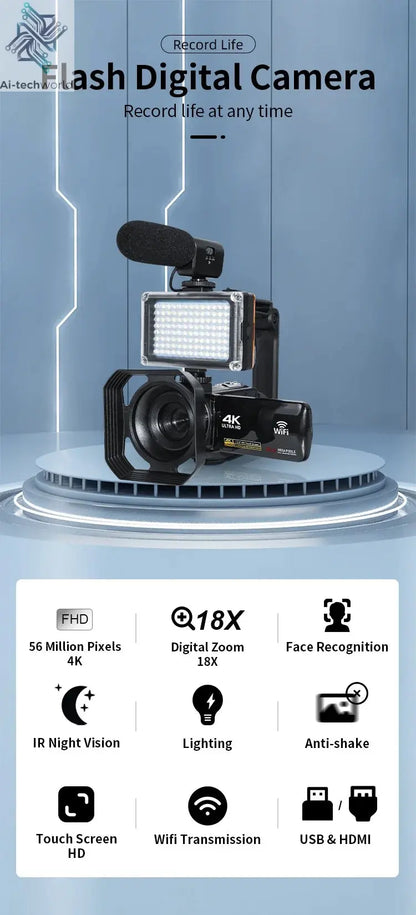 4K Ultra HD Digital Camera 3.0 Inci 48MP 18X Zoom Wifi Camcorder with Windproof Microphone Fill Light Video Vlogging For YouTube Ai-TechWorld 