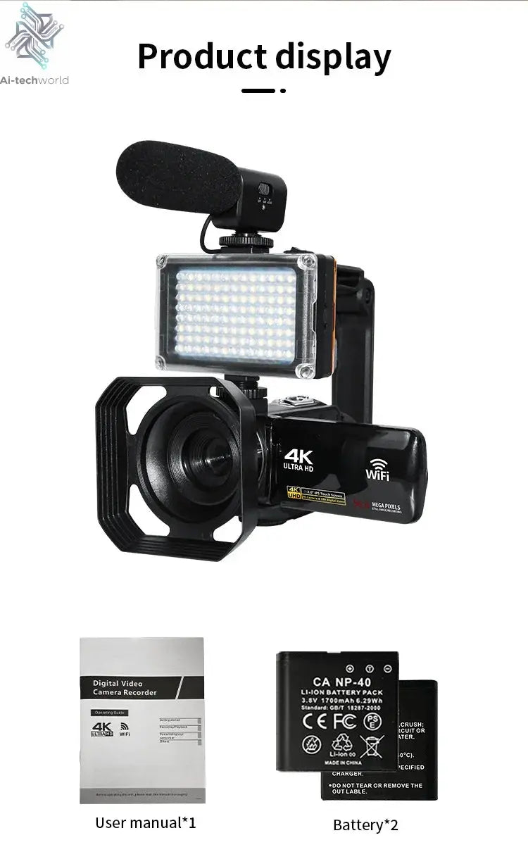 4K Ultra HD Digital Camera 3.0 Inci 48MP 18X Zoom Wifi Camcorder with Windproof Microphone Fill Light Video Vlogging For YouTube Ai-TechWorld 