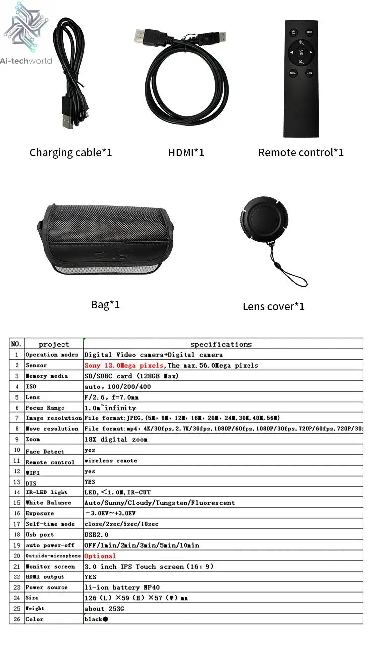 4K Ultra HD Digital Camera 3.0 Inci 48MP 18X Zoom Wifi Camcorder with Windproof Microphone Fill Light Video Vlogging For YouTube Ai-TechWorld 