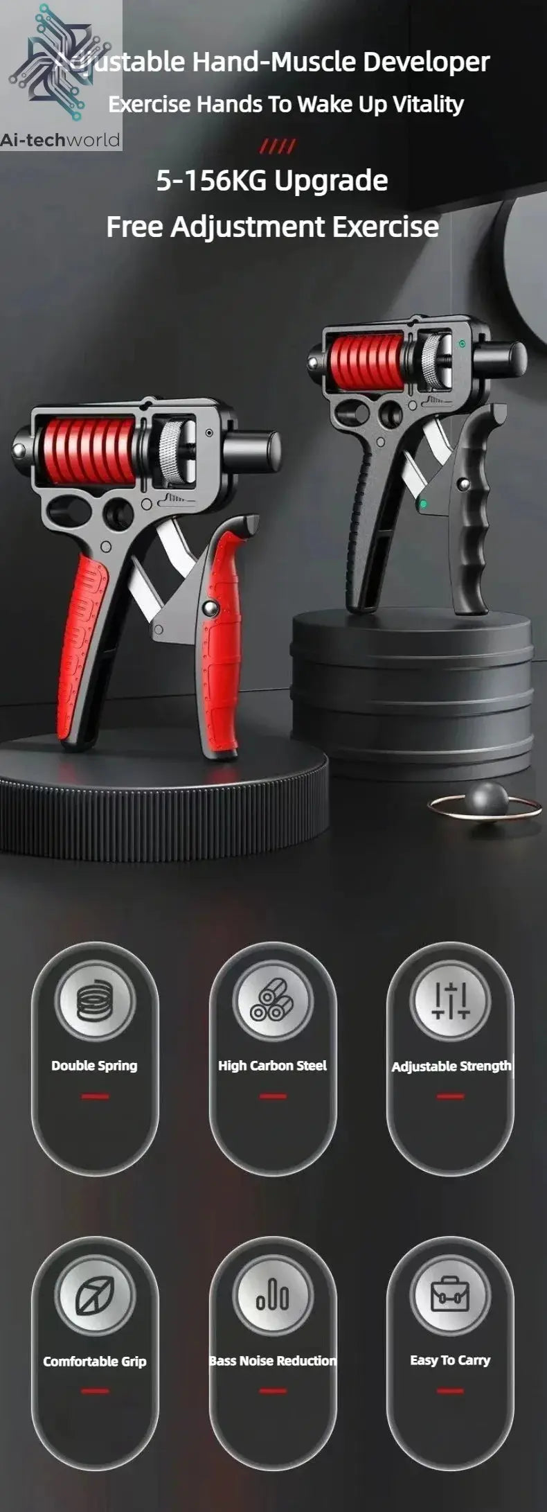 5-165Kg Adjustable Heavy Hand Grip Exercise Strengthener Gripper Finger Expander Arm Wrist Forearm Trainers Fitness Steel Spring - Ai-TechWorld