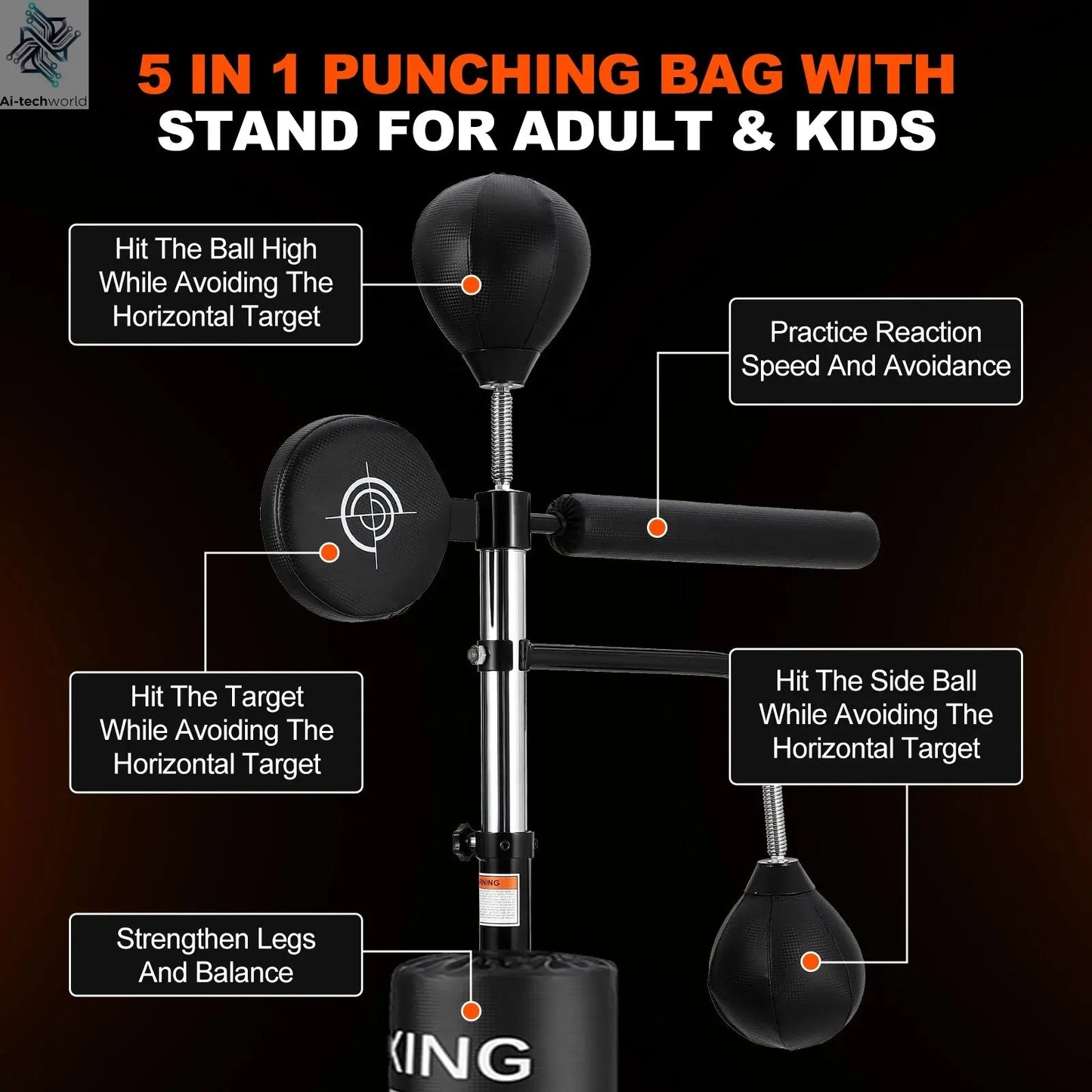 5 in 1 Punching Bag with Stand for Adult & Kids, Freestanding Speed Bag Hitting Target Heavy Kickboxing Bag, 2 Packages Deliver Ai-TechWorld 