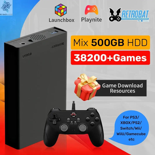 500GB Gaming HDD Retrobat & Launchbox & Playnite OS Retro Video Game Console for PS3/Switch/XBOX/PS2/Wii/WiiU with 38200+ Games Ai-TechWorld 