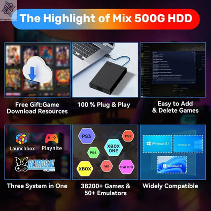 500GB Gaming HDD Retrobat & Launchbox & Playnite OS Retro Video Game Console for PS3/Switch/XBOX/PS2/Wii/WiiU with 38200+ Games Ai-TechWorld 