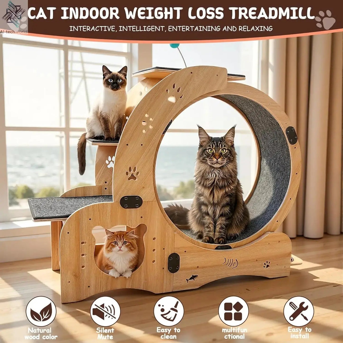 55-inch cat Wheel, 6-in-1 cat Wheels for Indoor Cats, Scratching Board, Detachable mat, Multi-Functional Indoor Pet /Training - Ai-TechWorld
