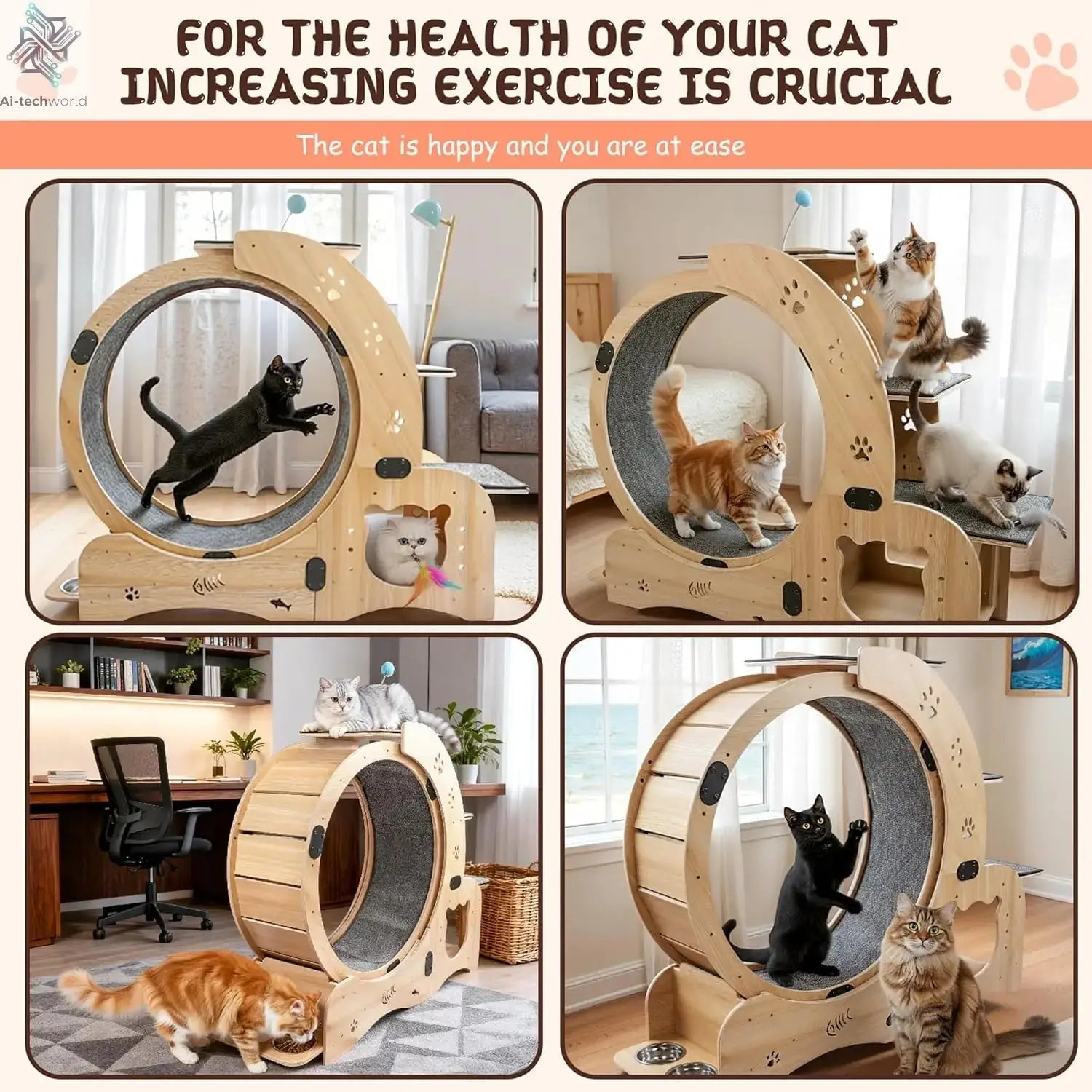 55-inch cat Wheel, 6-in-1 cat Wheels for Indoor Cats, Scratching Board, Detachable mat, Multi-Functional Indoor Pet /Training - Ai-TechWorld
