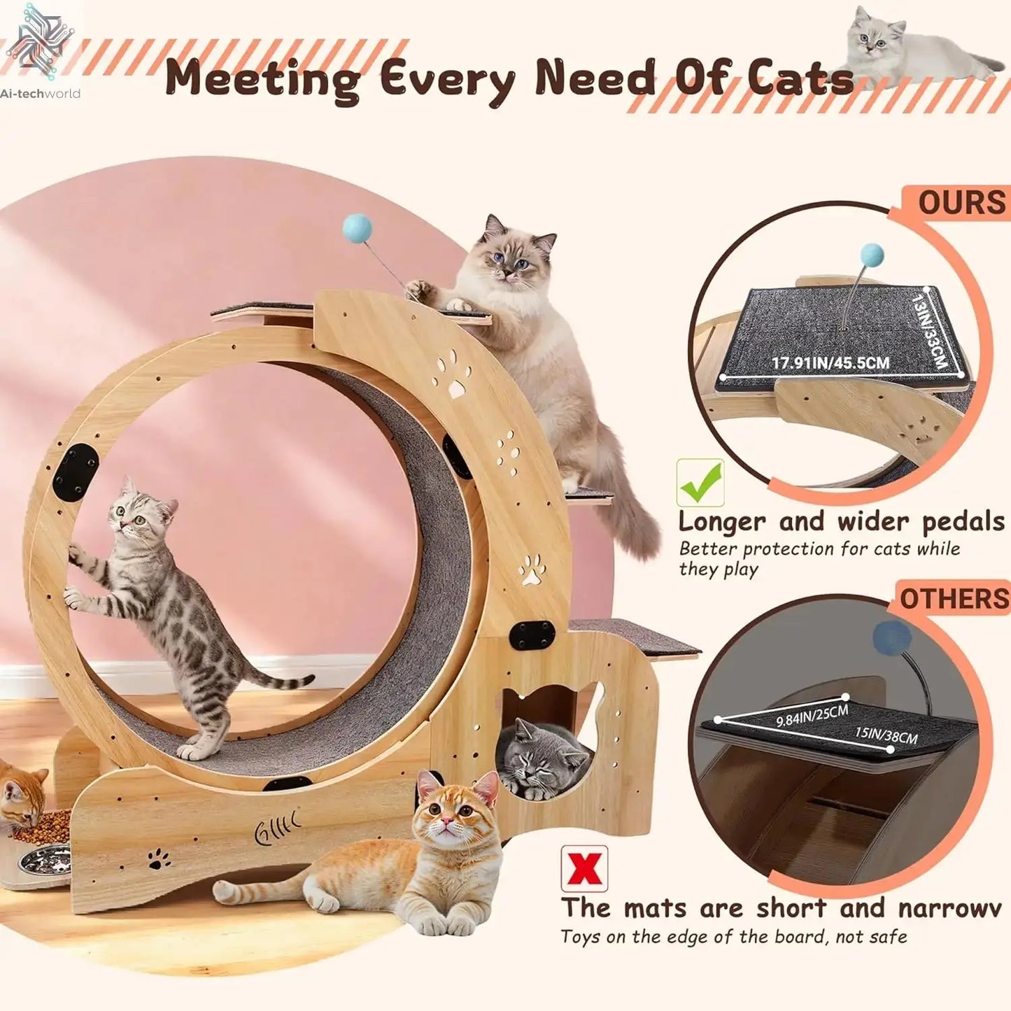 55-inch cat Wheel, 6-in-1 cat Wheels for Indoor Cats, Scratching Board, Detachable mat, Multi-Functional Indoor Pet /Training - Ai-TechWorld
