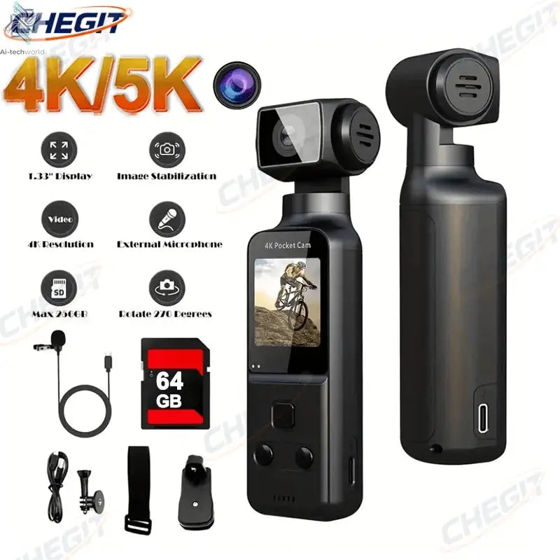 5K 4K WIFI Pocket Camcorder 1.3" Screen 270° Rotatable Mini sports Action Camera Anti-shake Cams EIS Portable Security Recorder Ai-TechWorld 