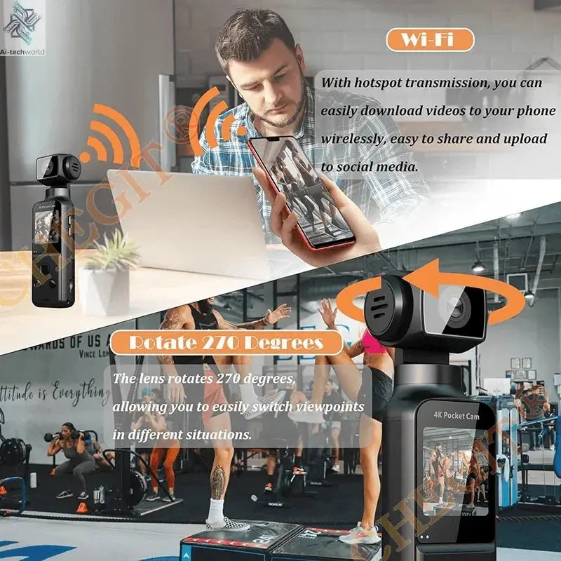 5K 4K WIFI Pocket Camcorder 1.3" Screen 270° Rotatable Mini sports Action Camera Anti-shake Cams EIS Portable Security Recorder Ai-TechWorld 