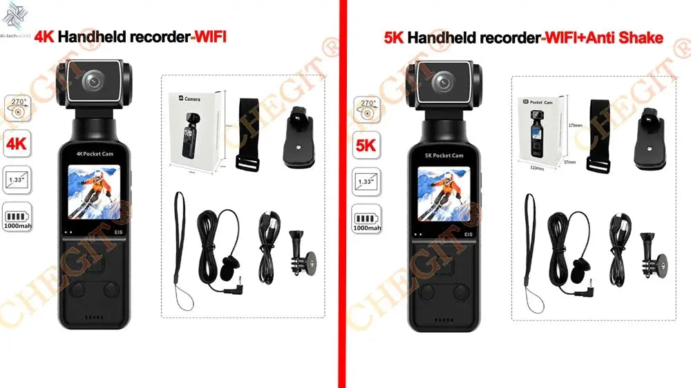 5K 4K WIFI Pocket Camcorder 1.3" Screen 270° Rotatable Mini sports Action Camera Anti-shake Cams EIS Portable Security Recorder Ai-TechWorld 