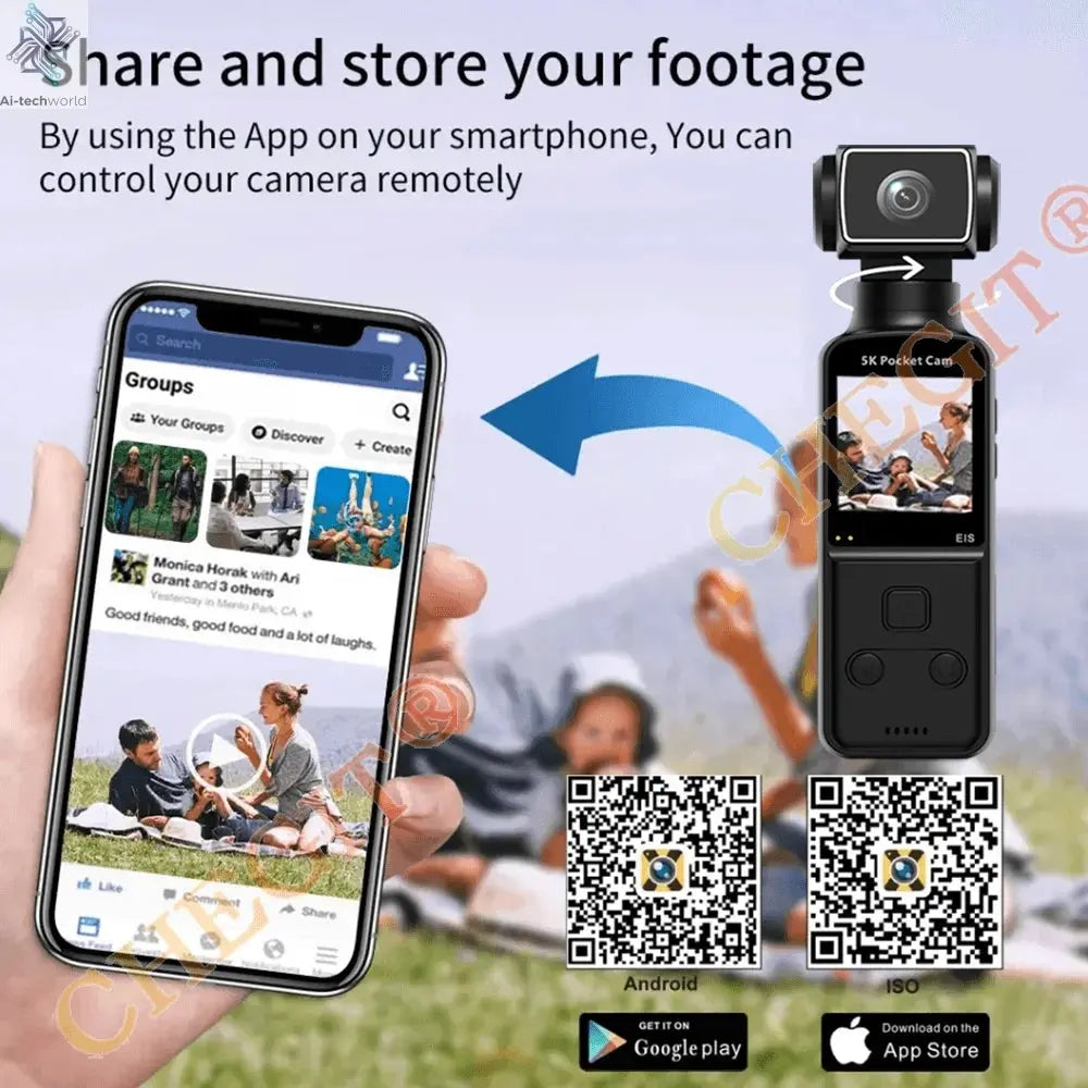 5K 4K WIFI Pocket Camcorder 1.3" Screen 270° Rotatable Mini sports Action Camera Anti-shake Cams EIS Portable Security Recorder Ai-TechWorld 