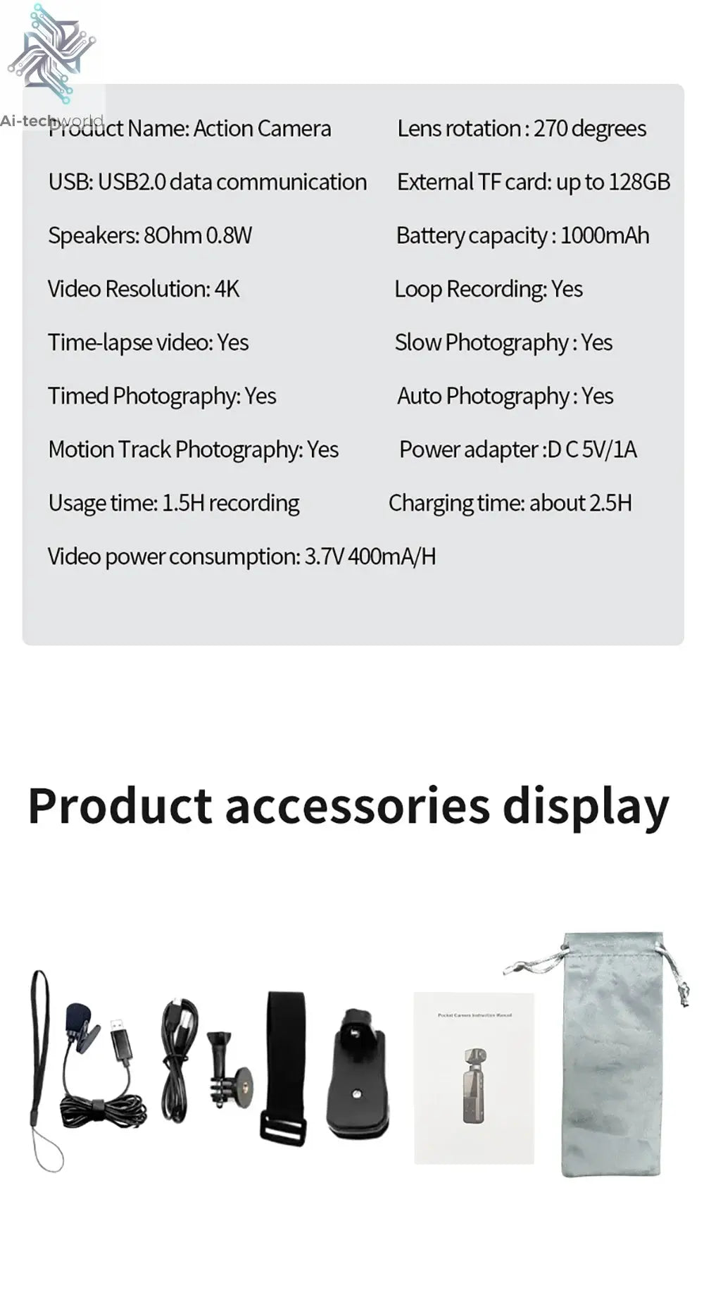 5K 4K WIFI Pocket Camcorder 1.3" Screen 270° Rotatable Mini sports Action Camera Anti-shake Cams EIS Portable Security Recorder Ai-TechWorld 