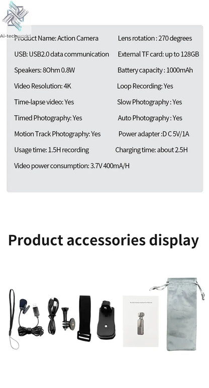 5K 4K WIFI Pocket Camcorder 1.3" Screen 270° Rotatable Mini sports Action Camera Anti-shake Cams EIS Portable Security Recorder Ai-TechWorld 