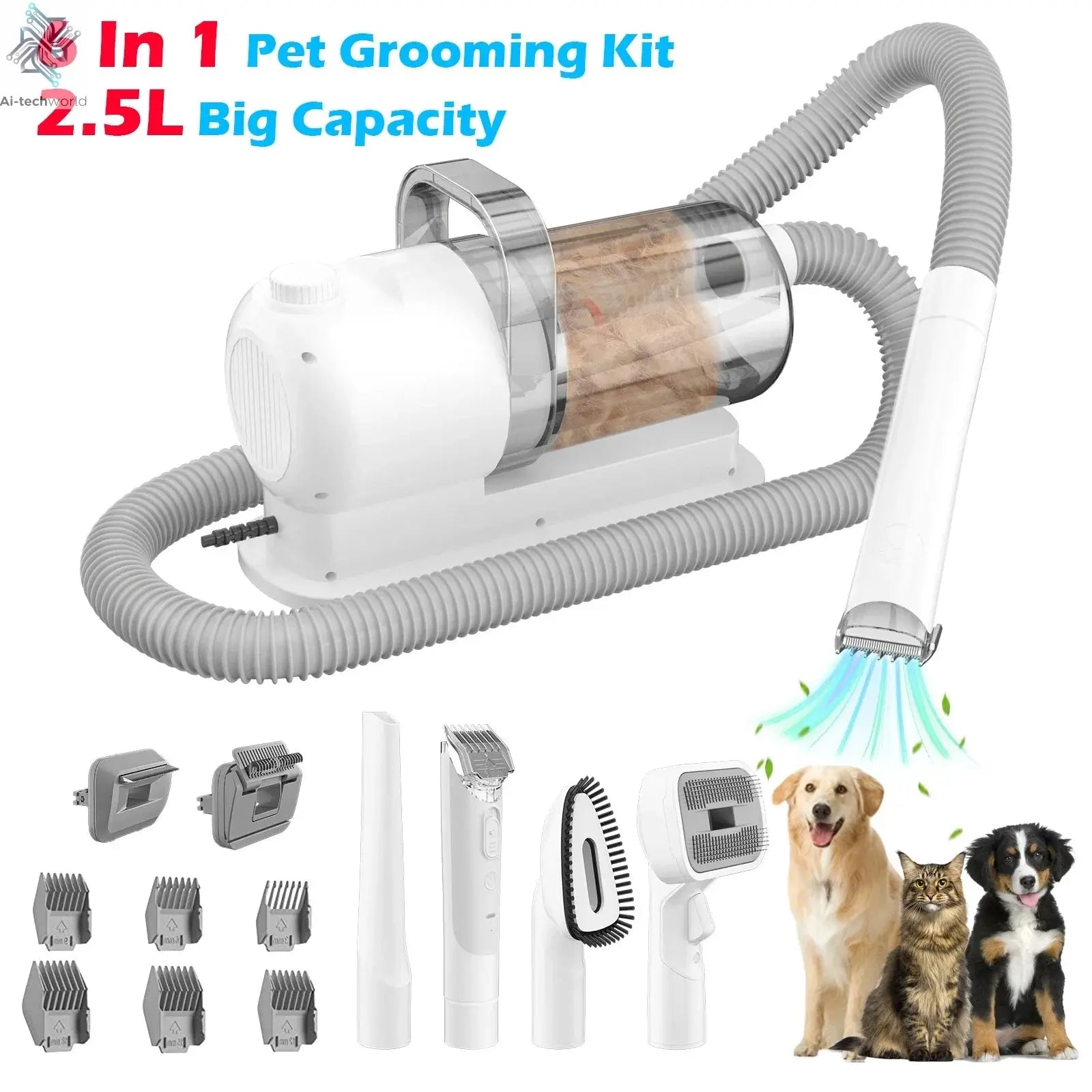 6 In 1 Dog Hair Vacuum & Cat Dog Grooming Kit Pet Grooming Vacuum with 2.5L Capacity Large Suction & Low Noise Pet Hair Cleaner Ai-TechWorld 