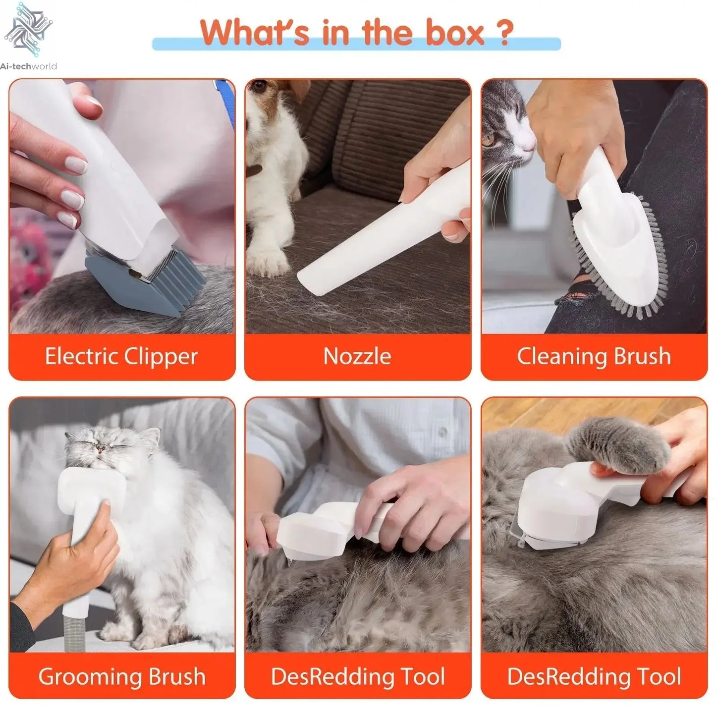 6 In 1 Dog Hair Vacuum & Cat Dog Grooming Kit Pet Grooming Vacuum with 2.5L Capacity Large Suction & Low Noise Pet Hair Cleaner Ai-TechWorld 