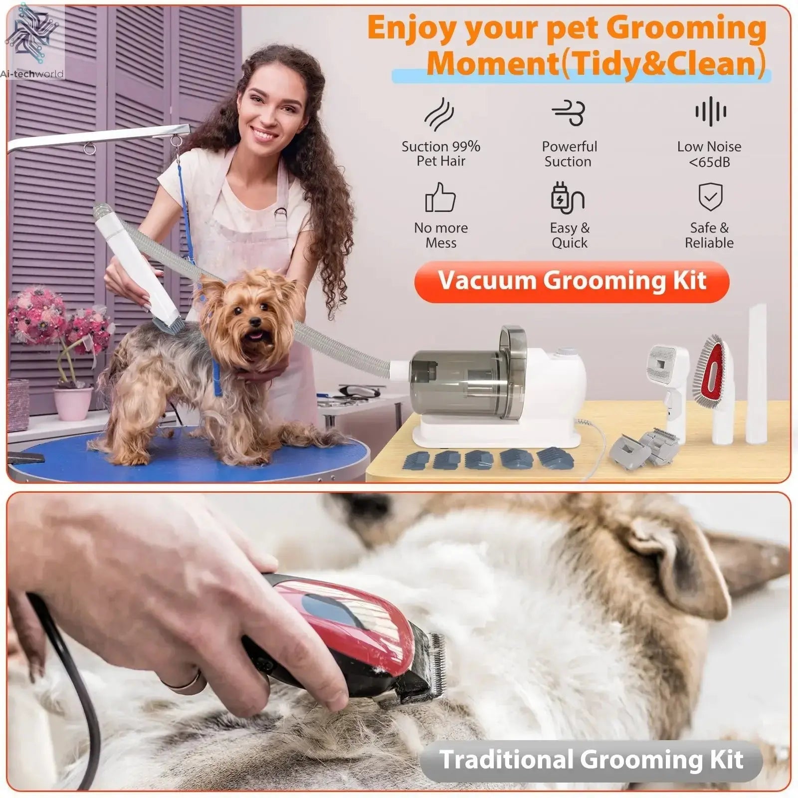 6 In 1 Dog Hair Vacuum & Cat Dog Grooming Kit Pet Grooming Vacuum with 2.5L Capacity Large Suction & Low Noise Pet Hair Cleaner Ai-TechWorld 