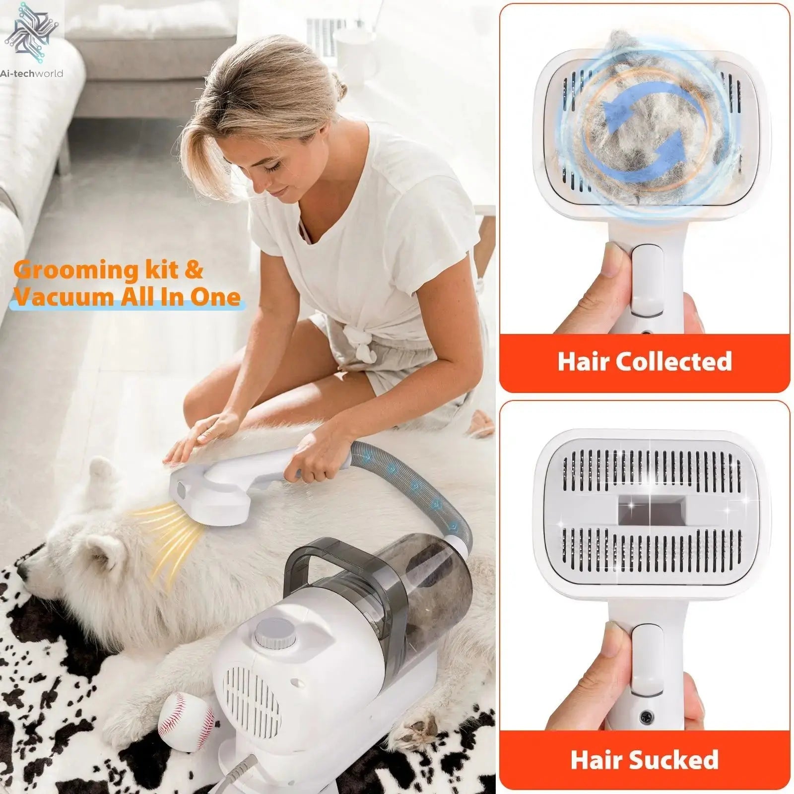 6 In 1 Dog Hair Vacuum & Cat Dog Grooming Kit Pet Grooming Vacuum with 2.5L Capacity Large Suction & Low Noise Pet Hair Cleaner Ai-TechWorld 