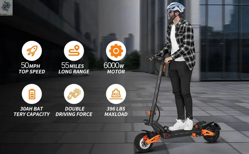 6000W Fast Electric Scooter for Adult,Daul Motor 50mph,60V 30Ah,11'' Off Road Tires,55miles Range,Sport Folding eScooter Ai-TechWorld 
