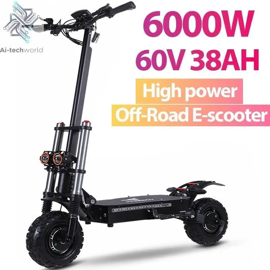 6000W High Power Adult Electric Scooter  Off-Road Commute Foldable 60V 38Ah Large Battery 60 Miles Range 50 Mph Fast E-Scooter Ai-TechWorld 