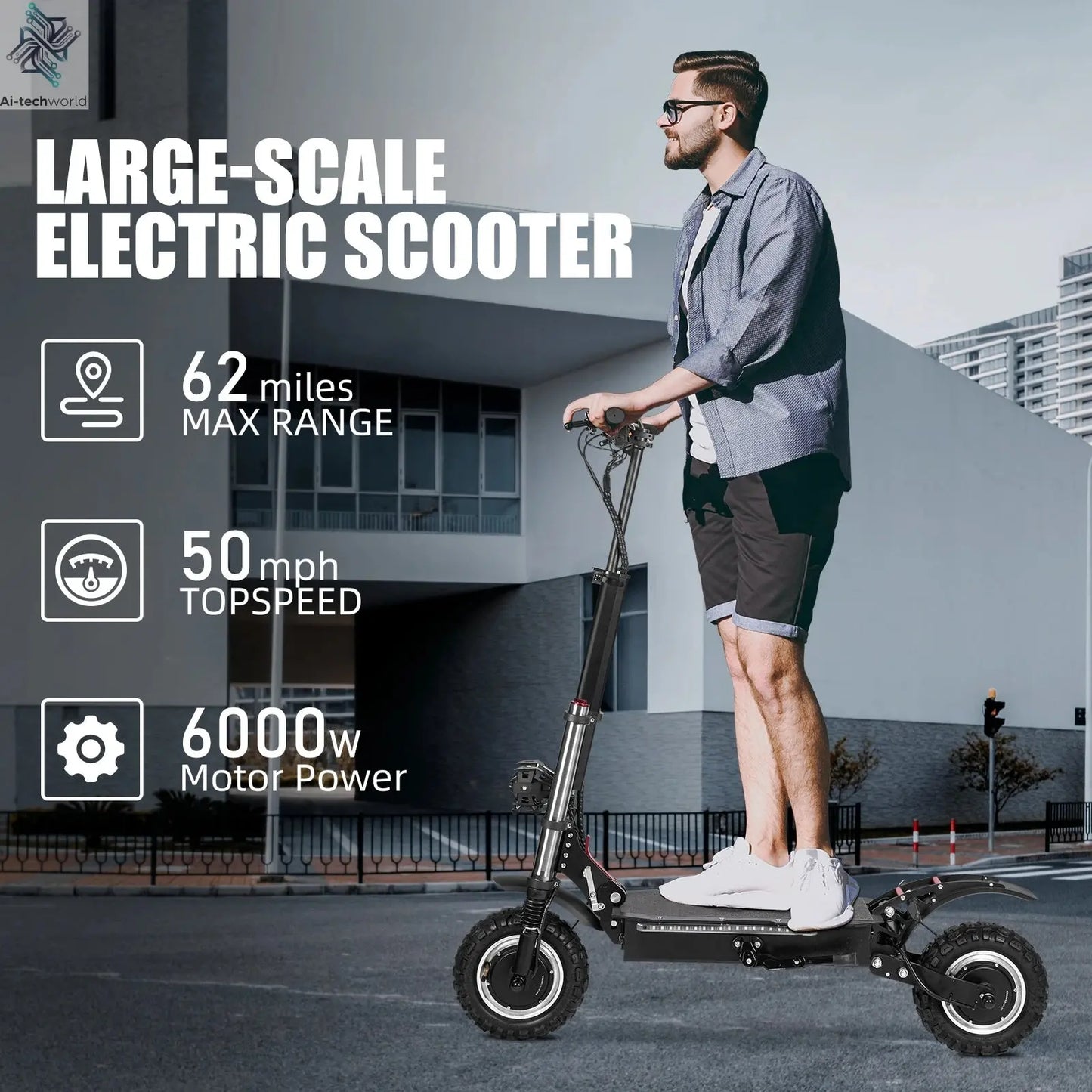 6000W High Power Adult Electric Scooter  Off-Road Commute Foldable 60V 38Ah Large Battery 60 Miles Range 50 Mph Fast E-Scooter Ai-TechWorld 