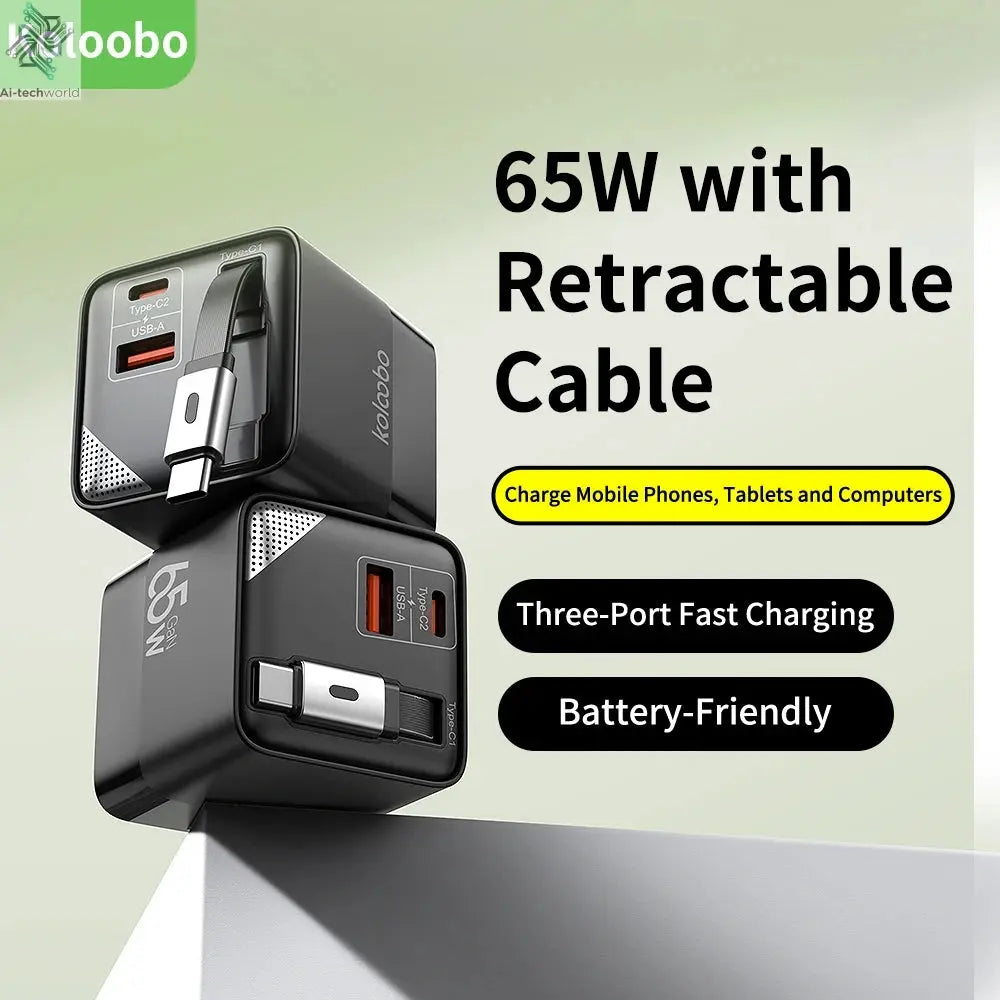 65W GaN Fast Charger Three-Port Charging Head Built-in 80cm Retractable TypeC Cable for iPhone16 15 14 13 Promax Xiaomi Samsung Ai-TechWorld 