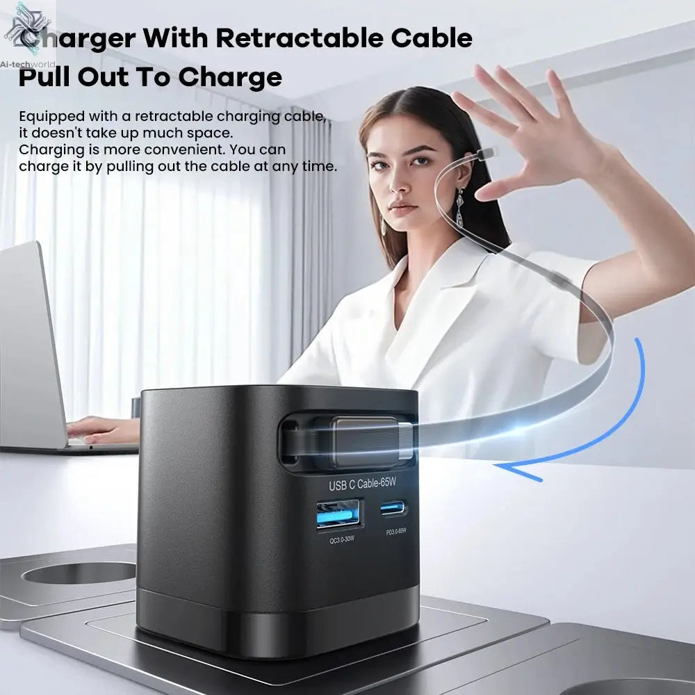 65W GaN USB Charger with Type C Retractable Cable 3 Port QC4.0 PD3.0 PPS Fast Charger for Macbook Laptop iPhone 16 15 14 Xiaomi - Ai-TechWorld