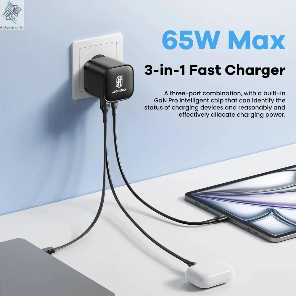 65W GaN USB Charger with Type C Retractable Cable 3 Port QC4.0 PD3.0 PPS Fast Charger for Macbook Laptop iPhone 16 15 14 Xiaomi - Ai-TechWorld