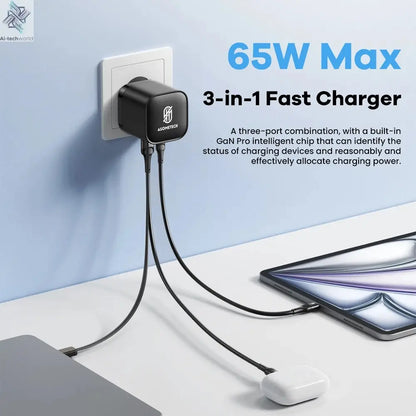 65W GaN USB Charger with Type C Retractable Cable 3 Port QC4.0 PD3.0 PPS Fast Charger for Macbook Laptop iPhone 16 15 14 Xiaomi - Ai-TechWorld