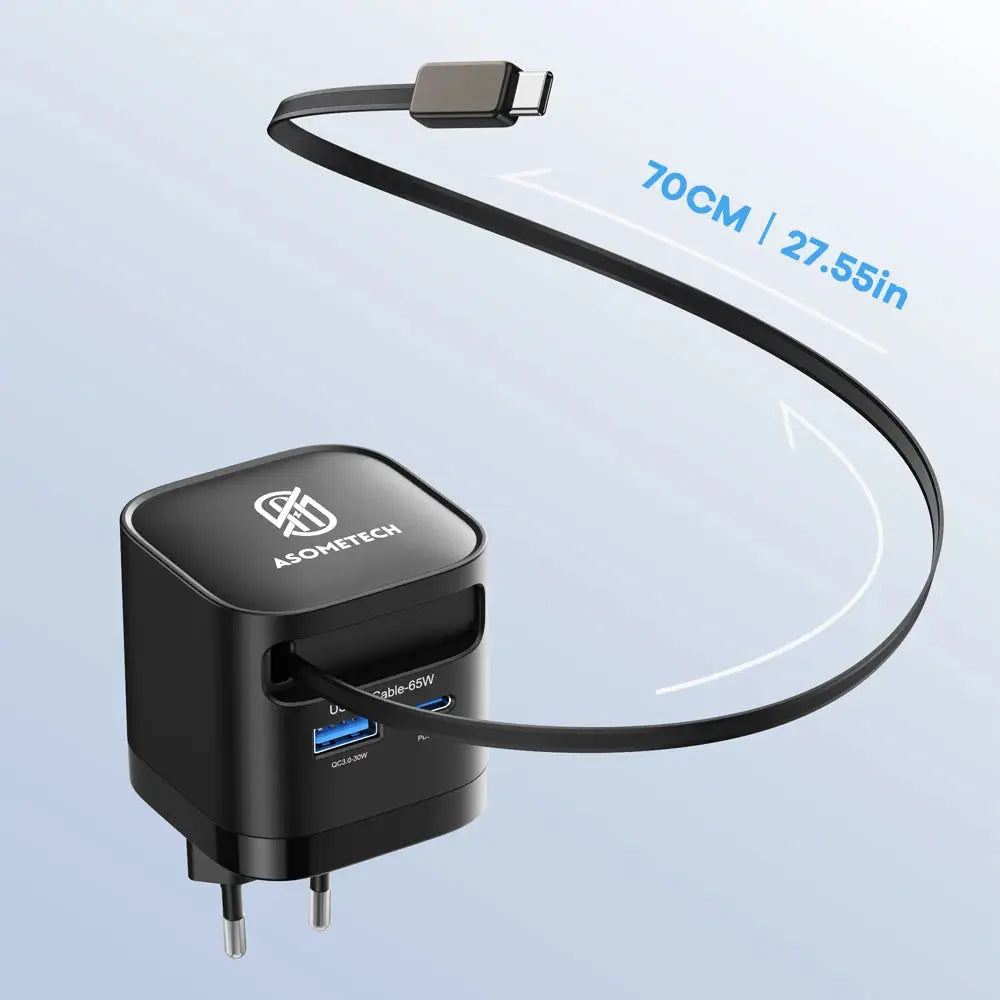 65W GaN USB Charger with Type C Retractable Cable 3 Port QC4.0 PD3.0 PPS Fast Charger for Macbook Laptop iPhone 16 15 14 Xiaomi - Ai-TechWorld