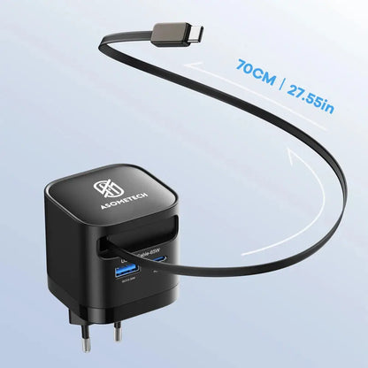 65W GaN USB Charger with Type C Retractable Cable 3 Port QC4.0 PD3.0 PPS Fast Charger for Macbook Laptop iPhone 16 15 14 Xiaomi - Ai-TechWorld