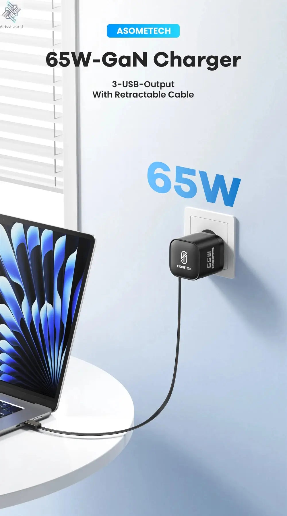 65W GaN USB Charger with Type C Retractable Cable 3 Port QC4.0 PD3.0 PPS Fast Charger for Macbook Laptop iPhone 16 15 14 Xiaomi - Ai-TechWorld