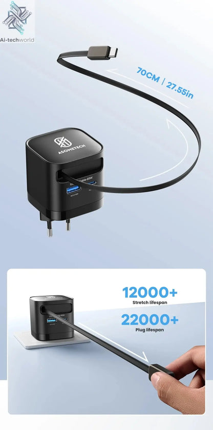 65W GaN USB Charger with Type C Retractable Cable 3 Port QC4.0 PD3.0 PPS Fast Charger for Macbook Laptop iPhone 16 15 14 Xiaomi - Ai-TechWorld