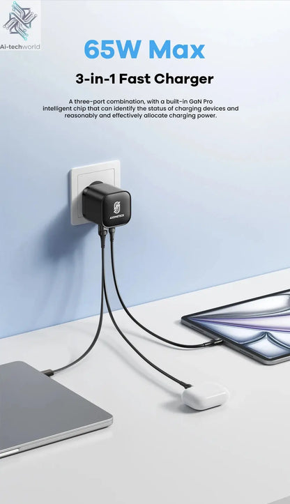65W GaN USB Charger with Type C Retractable Cable 3 Port QC4.0 PD3.0 PPS Fast Charger for Macbook Laptop iPhone 16 15 14 Xiaomi - Ai-TechWorld