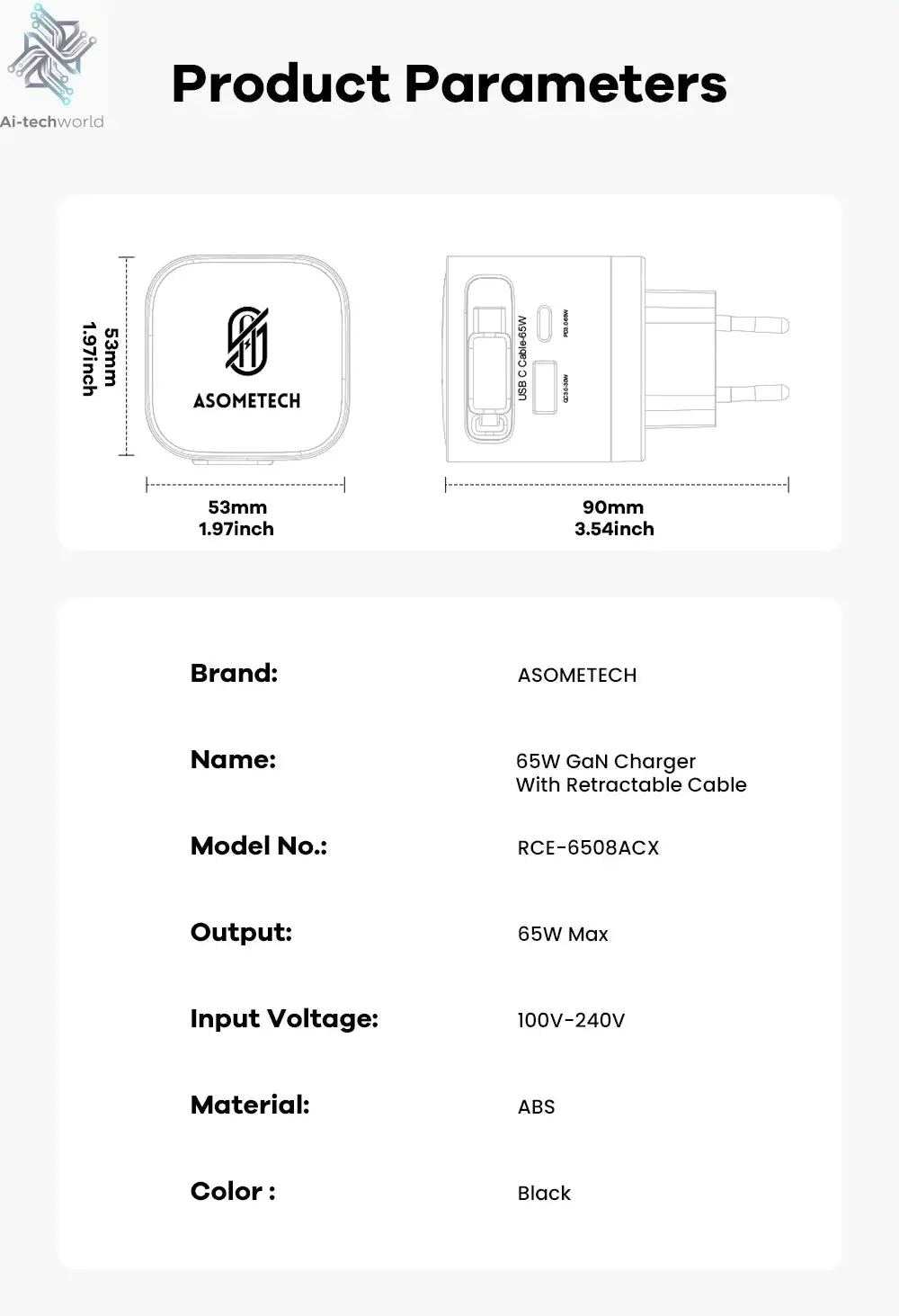 65W GaN USB Charger with Type C Retractable Cable 3 Port QC4.0 PD3.0 PPS Fast Charger for Macbook Laptop iPhone 16 15 14 Xiaomi - Ai-TechWorld