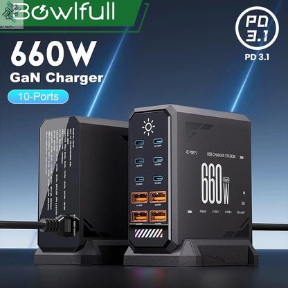 660W GaN USB Charger Station 10 Port Desktop Fast USB Type C Charger 140W PD3.1 PPS Quick Charger For Macbook iPhone 16 Samsung Ai-TechWorld 