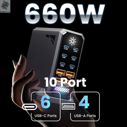 660W GaN USB Charger Station 10 Port Desktop Fast USB Type C Charger 140W PD3.1 PPS Quick Charger For Macbook iPhone 16 Samsung Ai-TechWorld 