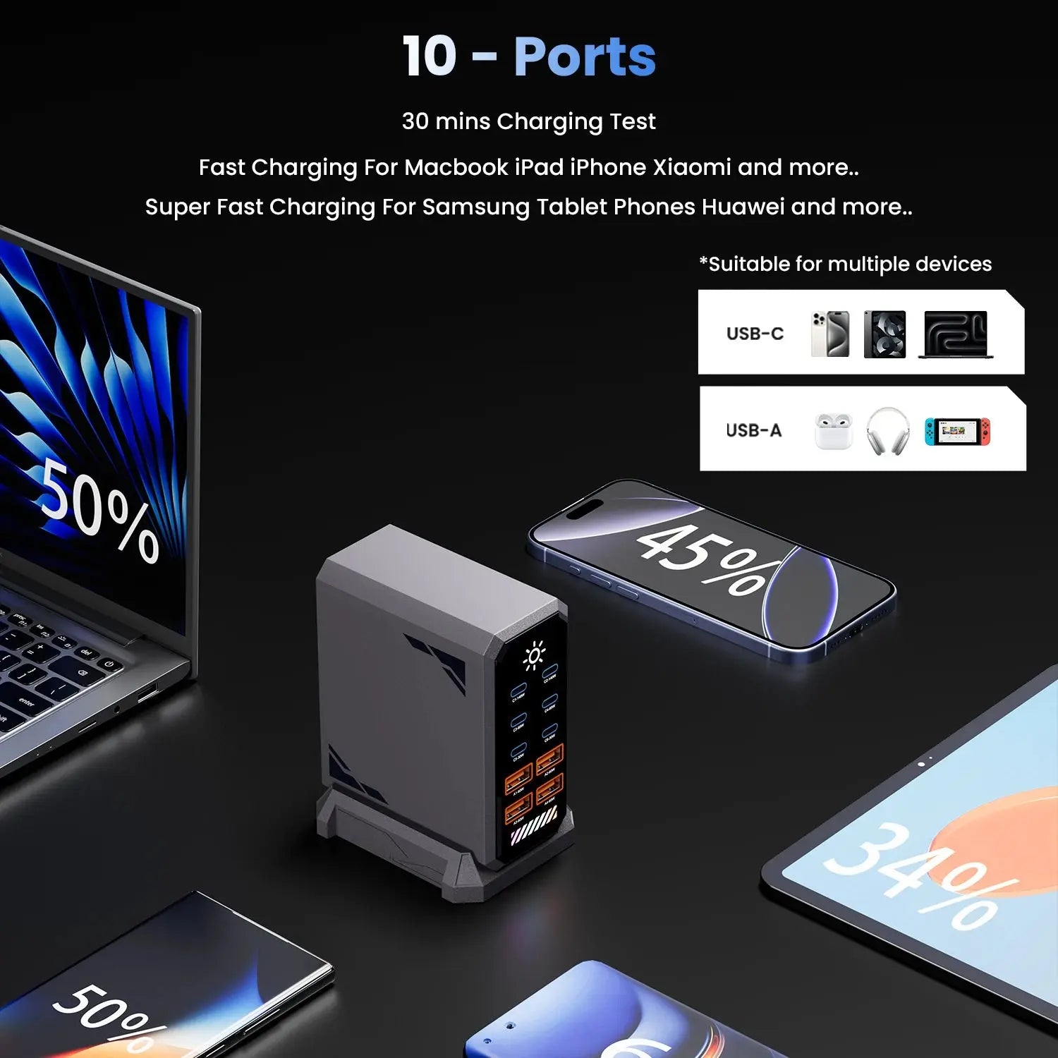 660W GaN USB Charger Station 10 Port Desktop Fast USB Type C Charger 140W PD3.1 PPS Quick Charger For Macbook iPhone 16 Samsung Ai-TechWorld 