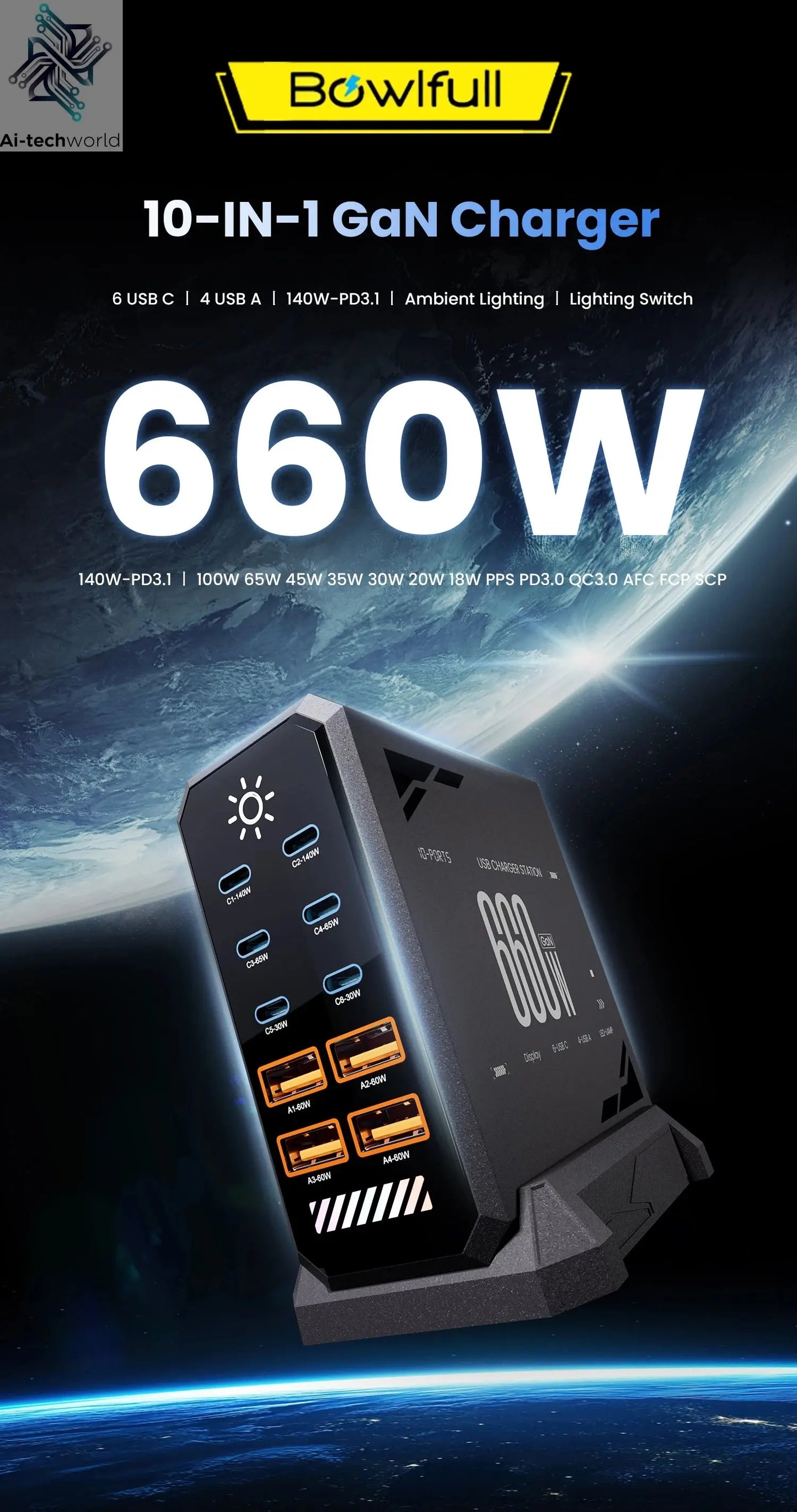 660W GaN USB Charger Station 10 Port Desktop Fast USB Type C Charger 140W PD3.1 PPS Quick Charger For Macbook iPhone 16 Samsung Ai-TechWorld 