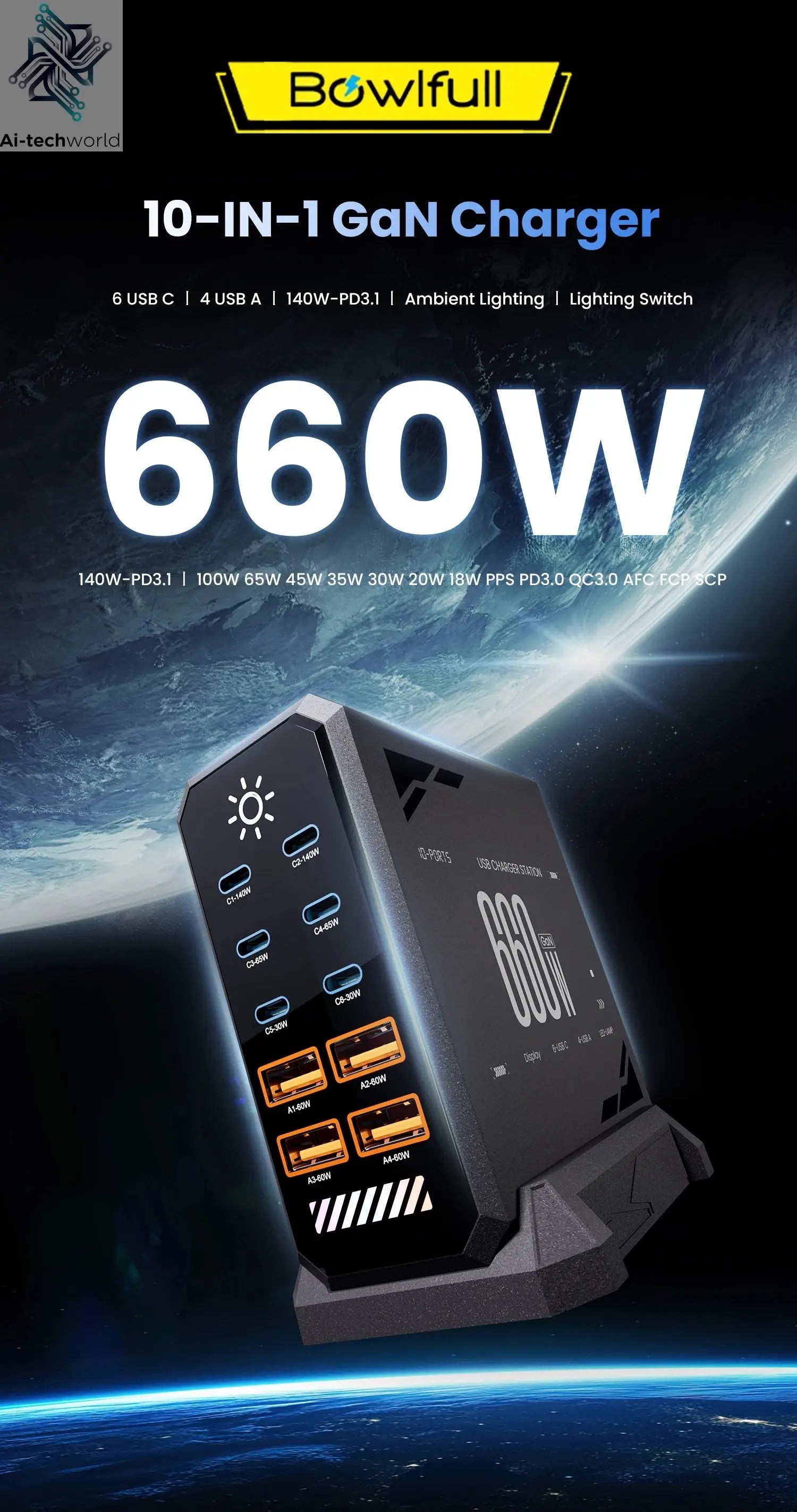 660W GaN USB Charger Station 10 Port Desktop Fast USB Type C Charger 140W PD3.1 PPS Quick Charger For Macbook iPhone 16 Samsung Ai-TechWorld 