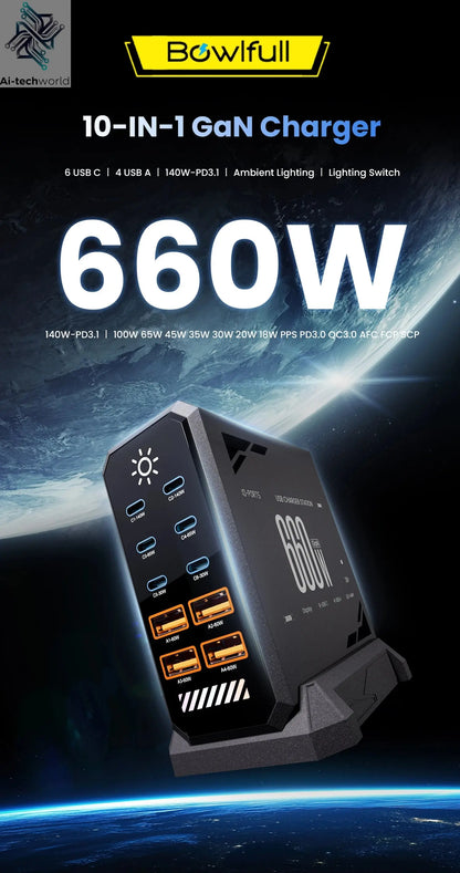660W GaN USB Charger Station 10 Port Desktop Fast USB Type C Charger 140W PD3.1 PPS Quick Charger For Macbook iPhone 16 Samsung Ai-TechWorld 