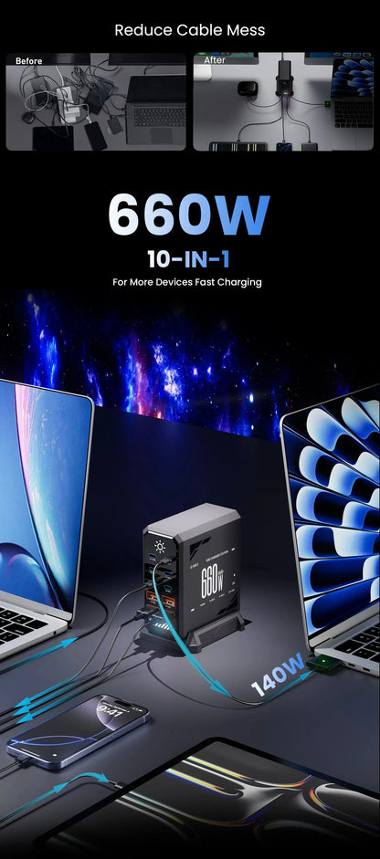 660W GaN USB Charger Station 10 Port Desktop Fast USB Type C Charger 140W PD3.1 PPS Quick Charger For Macbook iPhone 16 Samsung Ai-TechWorld 