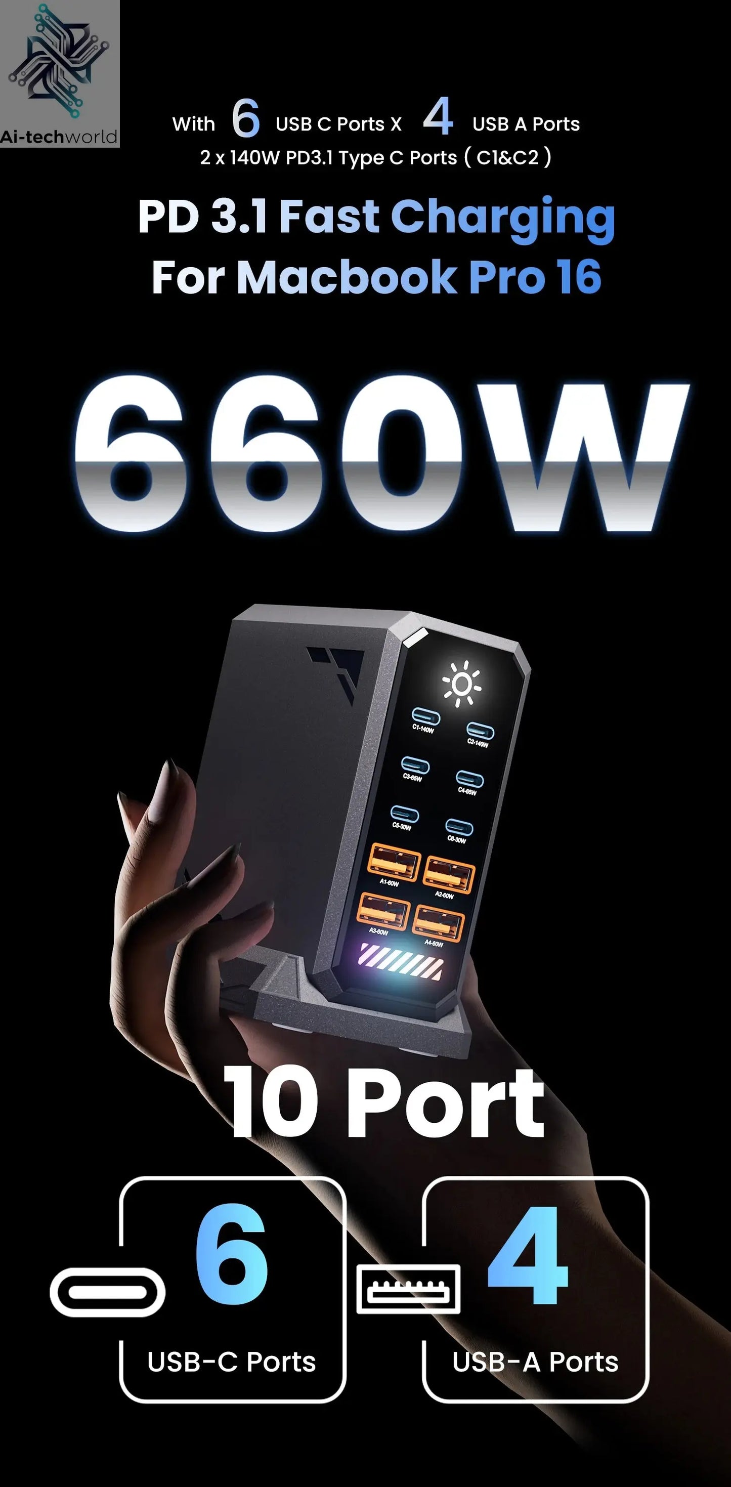 660W GaN USB Charger Station 10 Port Desktop Fast USB Type C Charger 140W PD3.1 PPS Quick Charger For Macbook iPhone 16 Samsung Ai-TechWorld 