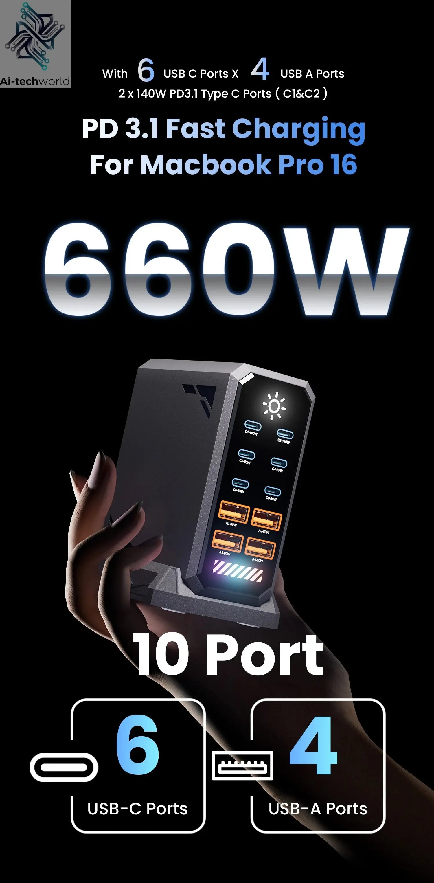 660W GaN USB Charger Station 10 Port Desktop Fast USB Type C Charger 140W PD3.1 PPS Quick Charger For Macbook iPhone 16 Samsung Ai-TechWorld 